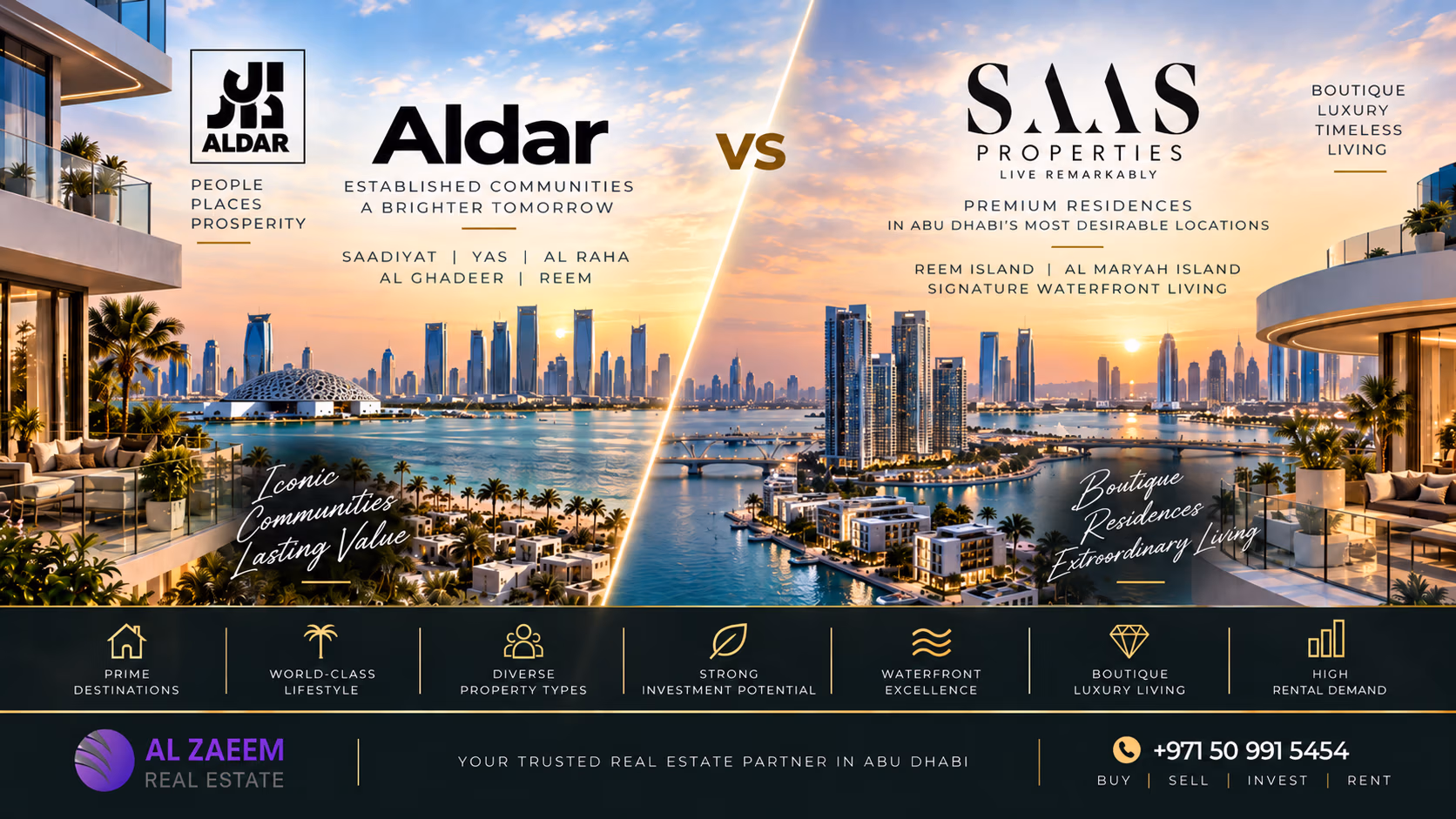 Aldar vs SAAS Properties Abu Dhabi 2026 comparison featuring Saadiyat, Yas, Reem Island, Al Maryah Island and premium waterfront residences