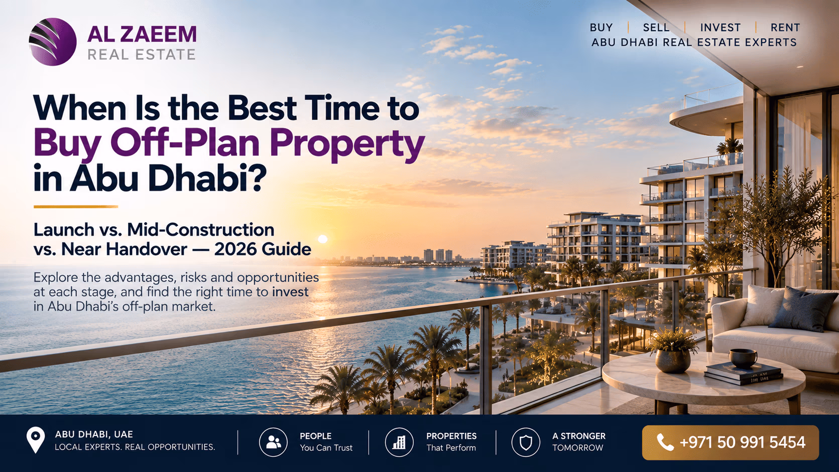Best time to buy off-plan property in Abu Dhabi in 2026, comparing launch, mid-construction and near-handover investment stages