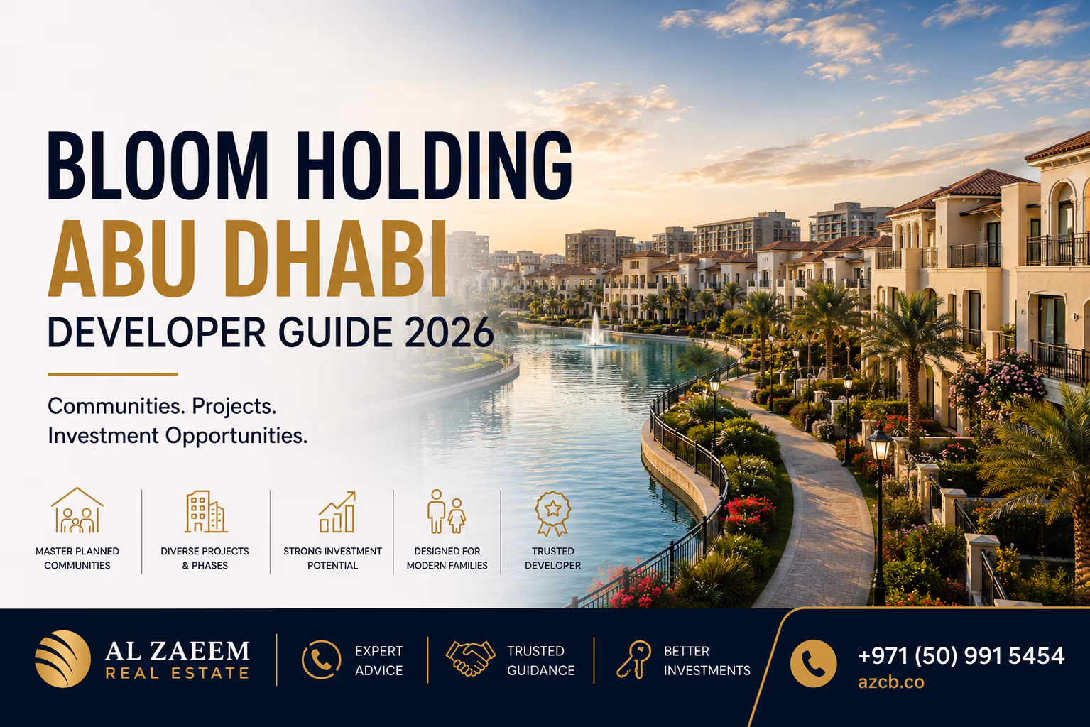 Bloom Holding Abu Dhabi Developer Guide 2026 featuring a premium master-planned waterfront residential community