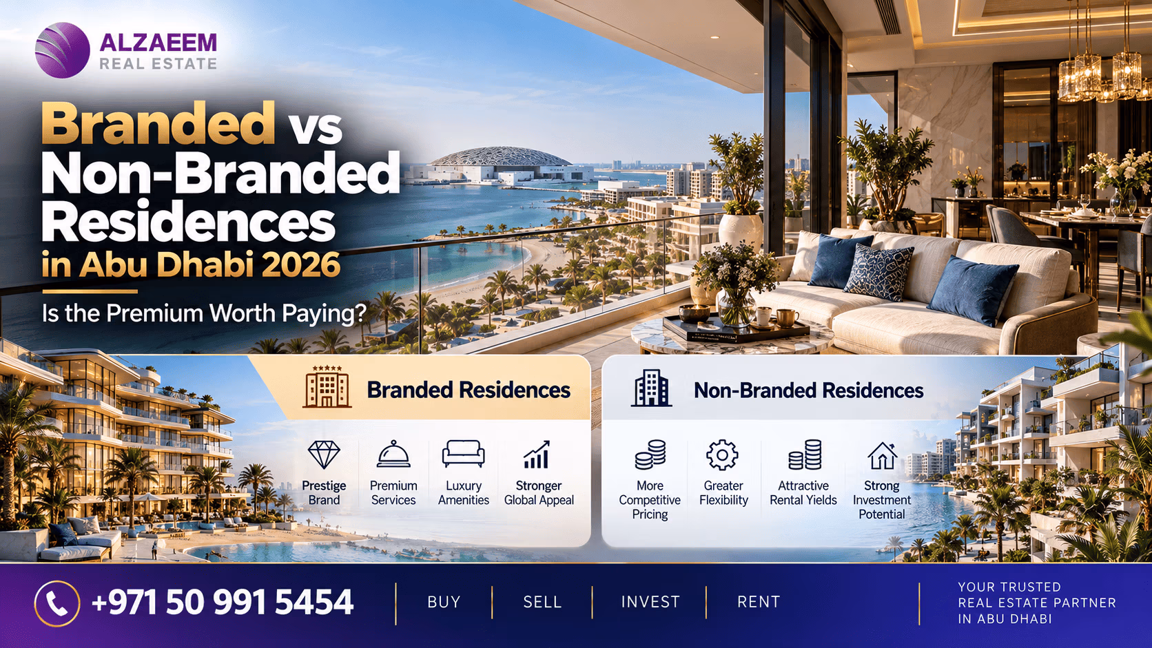 Branded vs non-branded residences in Abu Dhabi 2026 comparison showing luxury services, brand prestige, pricing, rental yield and investment potential