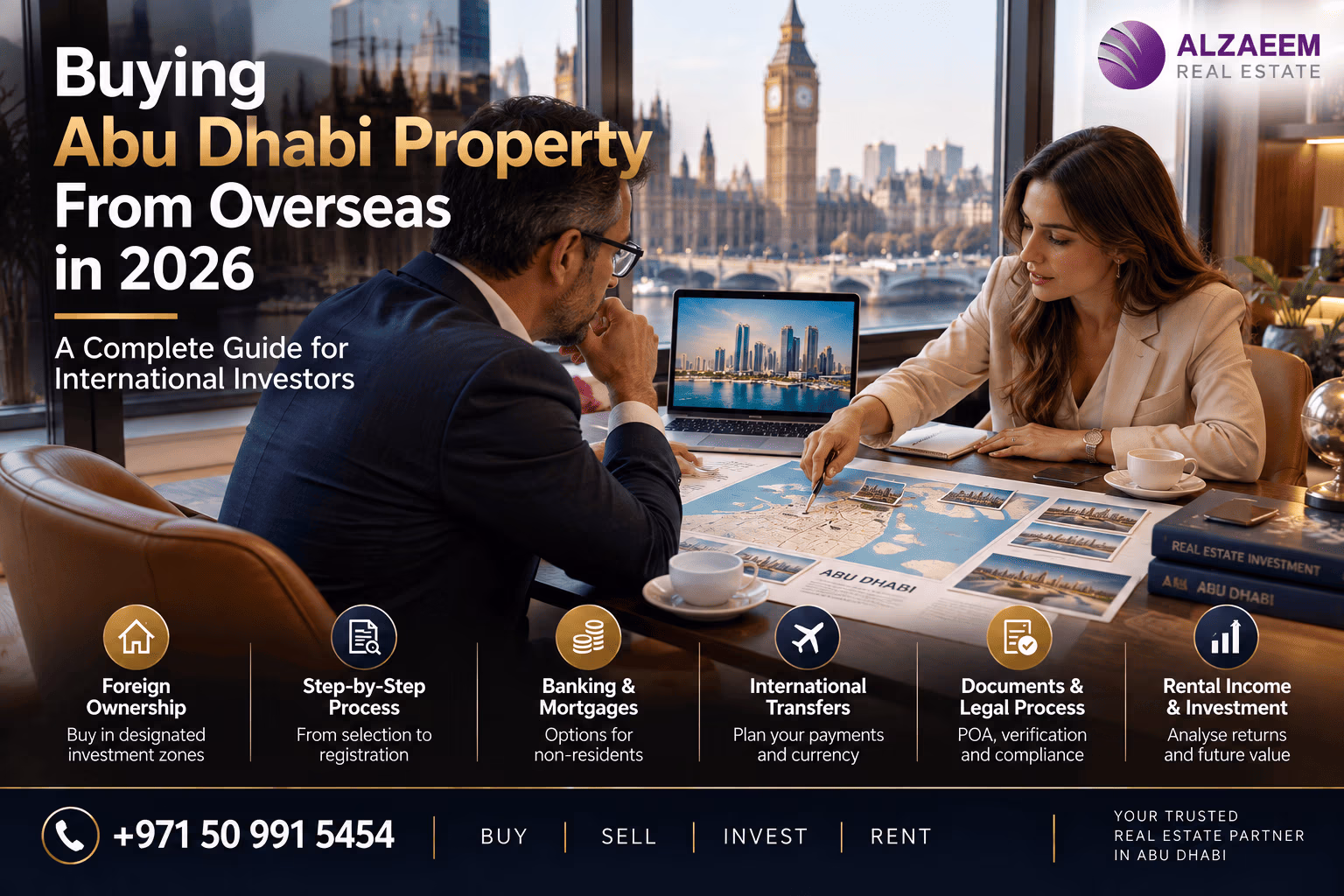 Buying Abu Dhabi property from overseas in 2026 with international investors reviewing UAE real estate, foreign ownership, mortgages, transfers and legal requirements