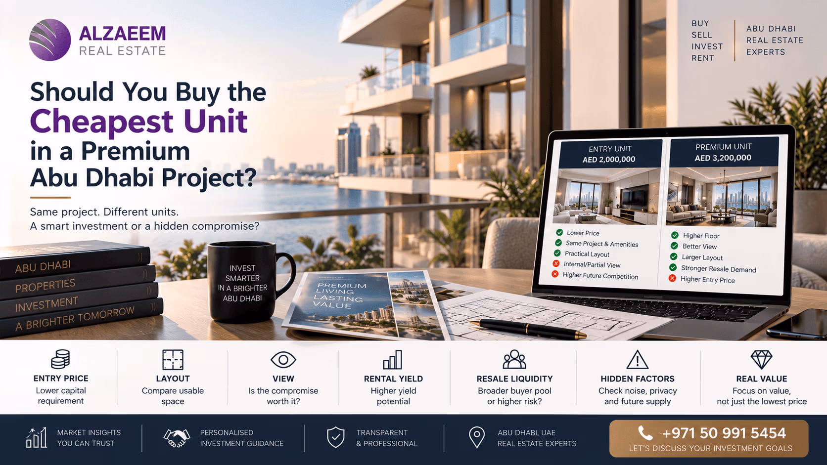 Should you buy the cheapest unit in a premium Abu Dhabi project, comparing entry price, layout, view, rental yield, resale liquidity and hidden investment factors