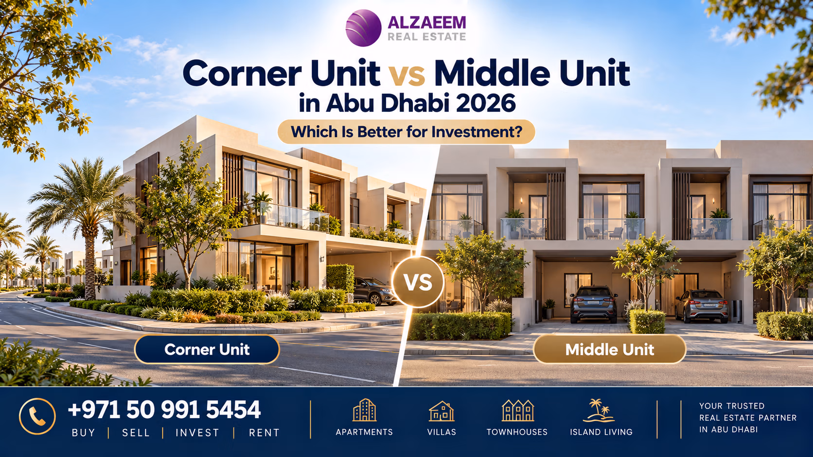 Corner unit vs middle unit in Abu Dhabi 2026 comparison showing a corner villa and a middle row villa with differences in privacy, views, layout and investment appeal
