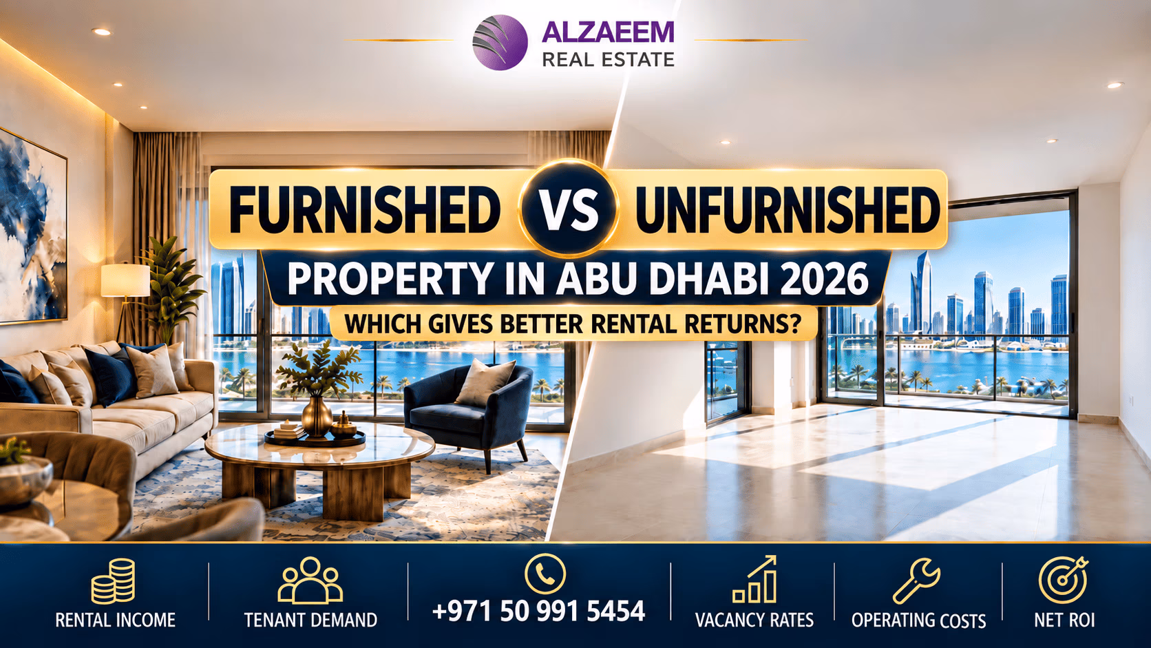 Furnished vs unfurnished property in Abu Dhabi 2026 comparison image showing rental income, tenant demand, vacancy rates, operating costs and net ROI