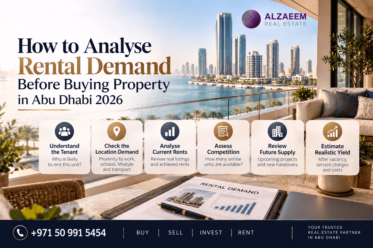How to analyse rental demand before buying property in Abu Dhabi in 2026, including tenant profile, location demand, current rents, competition, future supply and realistic yield