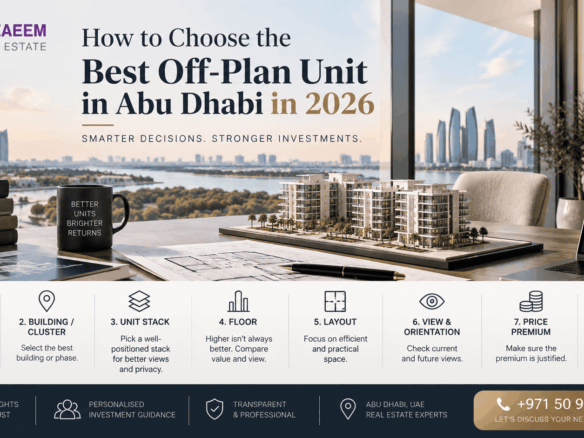 How to choose the best off-plan unit in Abu Dhabi in 2026 infographic showing project, building, unit stack, floor, layout, view, price premium and exit liquidity
