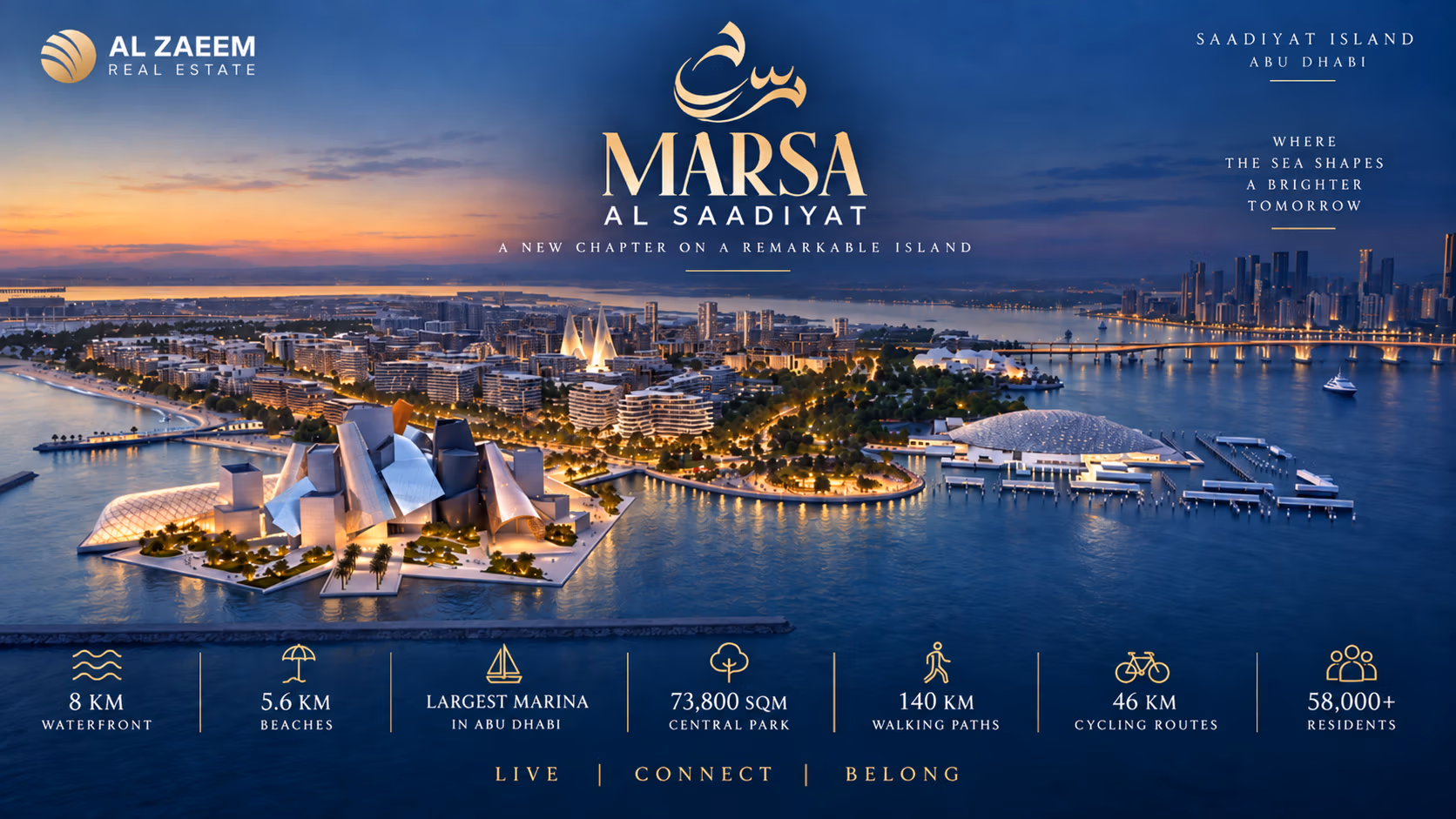 Is Marsa Al Saadiyat a good investment in 2026 showing Saadiyat Island waterfront, Cultural District, future marina, beaches and residential masterplan