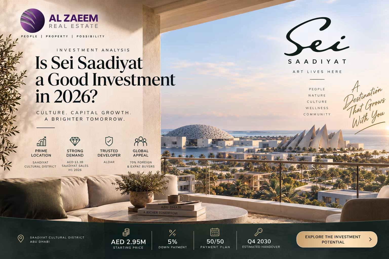 Is Sei Saadiyat a good investment in 2026 featuring Saadiyat Cultural District, Aldar development, AED 2.95M starting price, 5% down payment and 50/50 plan