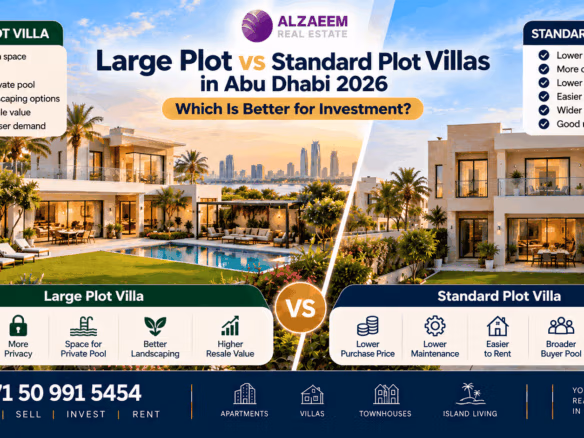Large plot vs standard plot villas in Abu Dhabi 2026 comparison showing modern luxury villas with differences in garden space, privacy, land value and investment appeal