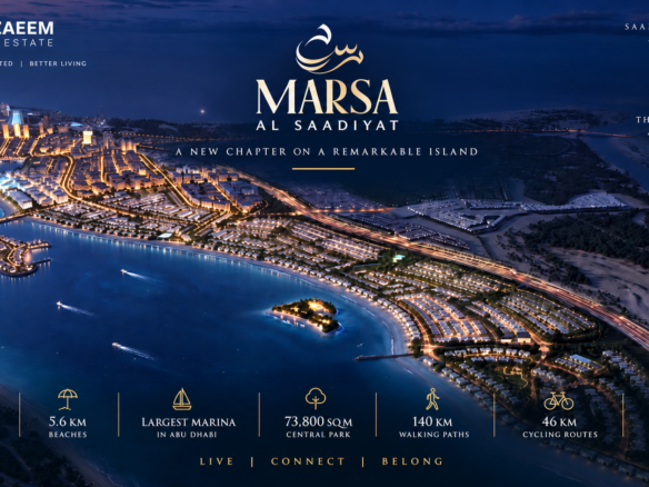 Marsa Al Saadiyat 2026 masterplan and investment guide showing the waterfront district, 8 km coastline, 5.6 km beaches, marina, central park and future residential community