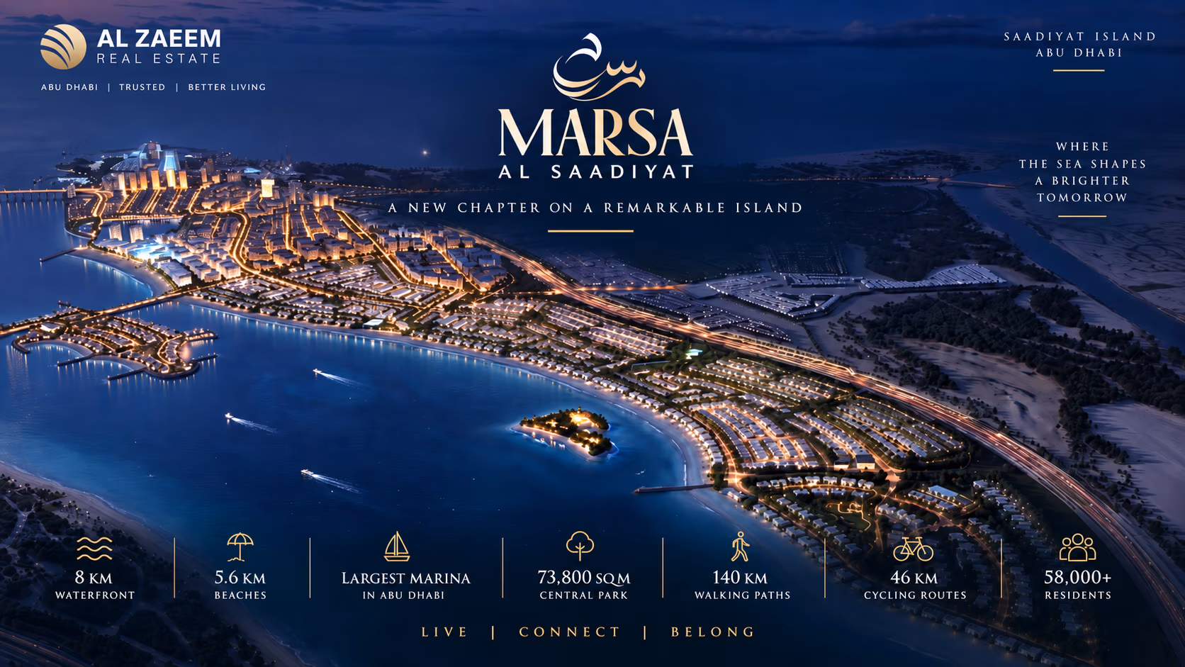 Marsa Al Saadiyat 2026 masterplan and investment guide showing the waterfront district, 8 km coastline, 5.6 km beaches, marina, central park and future residential community