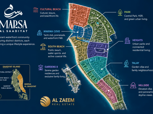 Marsa Al Saadiyat districts map showing Cultural Beach, Marina Cove, South Beach, Gardens 8, Park, Heights, Talay and Hillside