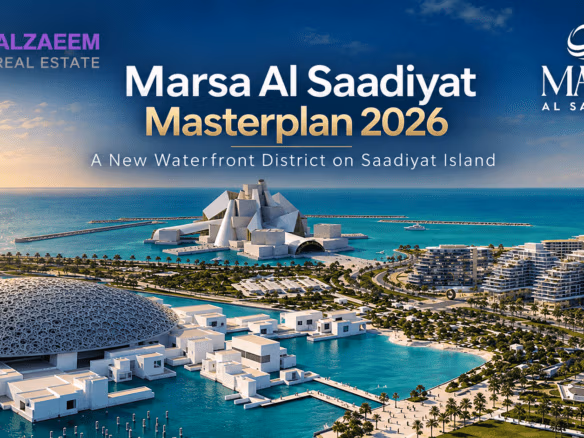 Marsa Al Saadiyat masterplan featured image showing Abu Dhabi waterfront, luxury residences, cultural landmarks, and Al Zaeem Real Estate branding