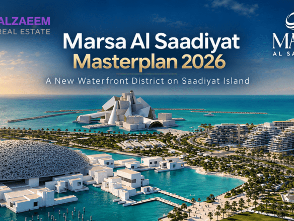 Marsa Al Saadiyat masterplan featured image showing Abu Dhabi waterfront, luxury residences, cultural landmarks, and Al Zaeem Real Estate branding