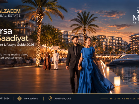 Marsa Al Saadiyat waterfront lifestyle guide 2026 showing luxury marina living, promenade, residences, yachts and Saadiyat Island coastal lifestyle