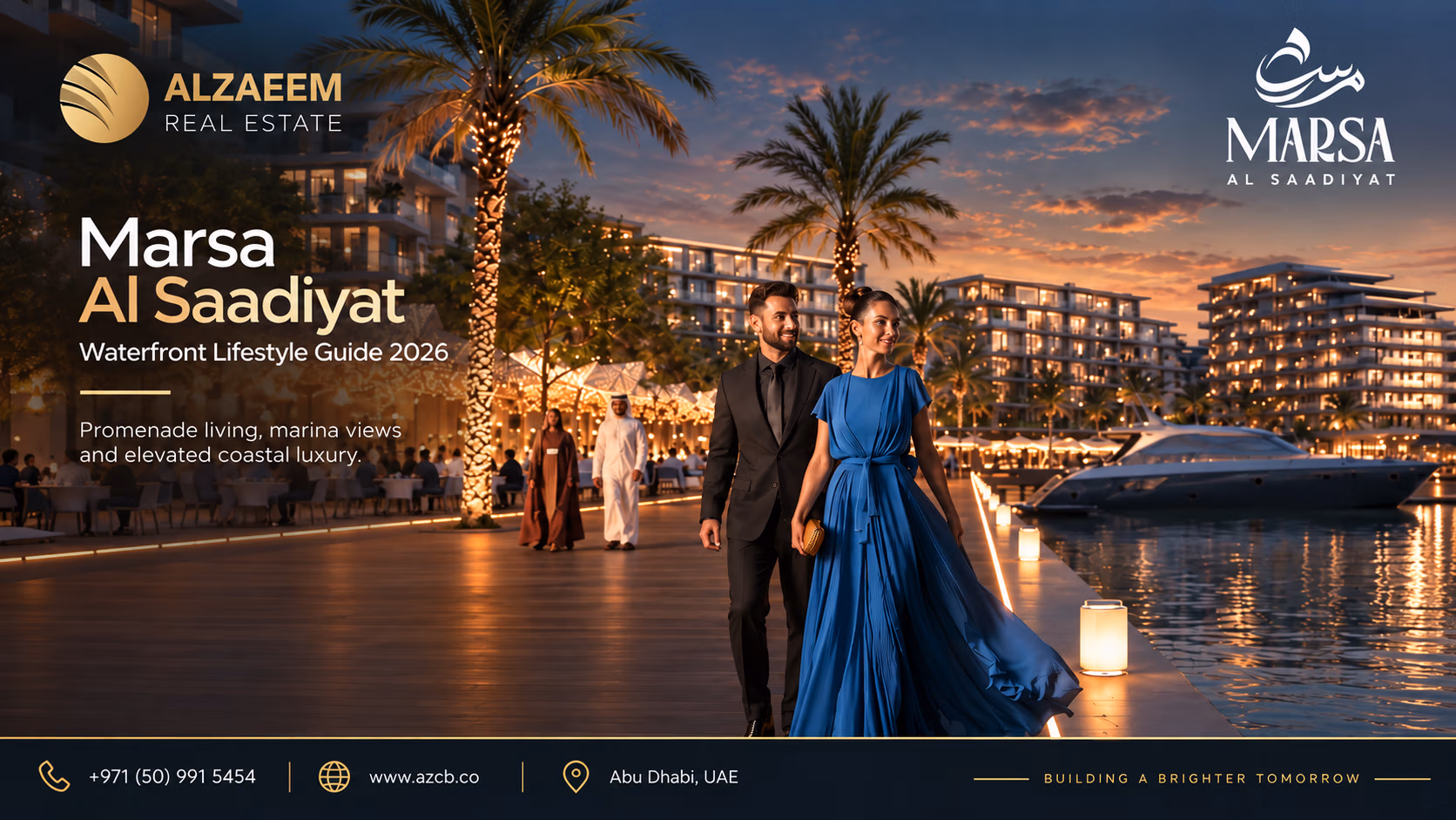 Marsa Al Saadiyat waterfront lifestyle guide 2026 showing luxury marina living, promenade, residences, yachts and Saadiyat Island coastal lifestyle