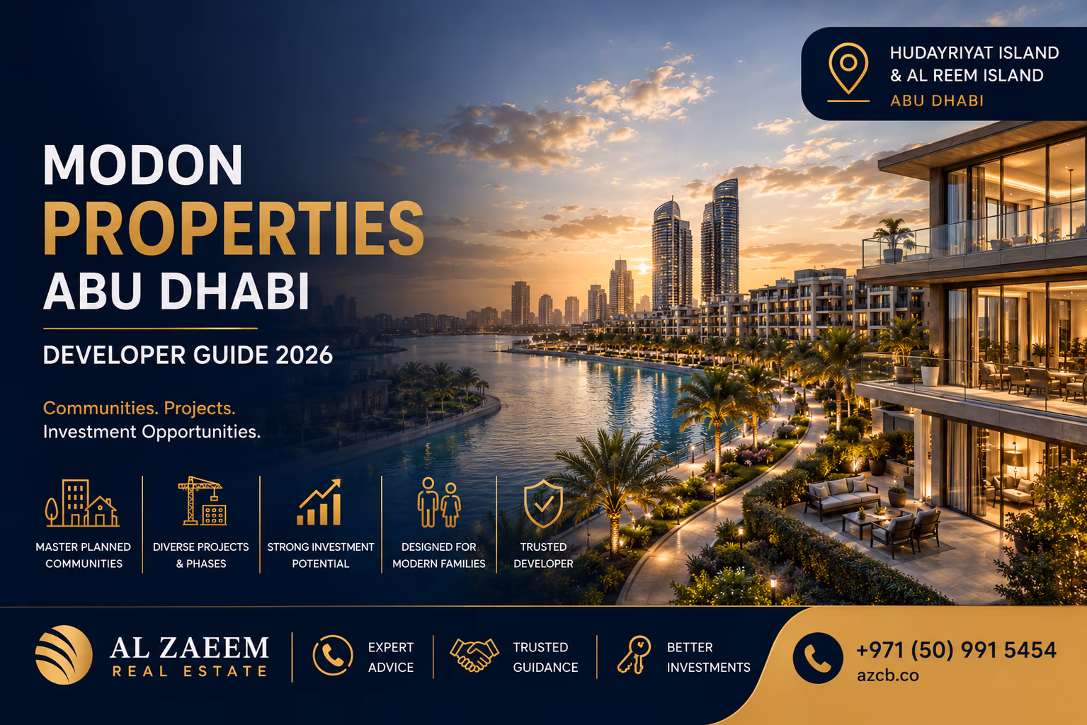Modon Properties Abu Dhabi Developer Guide 2026 featuring premium waterfront communities and modern residential developments