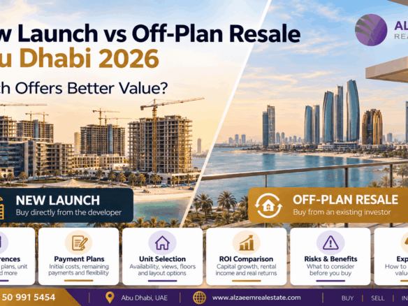 New launch vs off-plan resale Abu Dhabi 2026 comparison showing developer purchase, resale opportunity, payment plans, unit selection and ROI