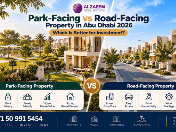 Park-facing vs road-facing property in Abu Dhabi 2026 comparison showing villas and townhouses with differences in views, privacy, accessibility and investment value