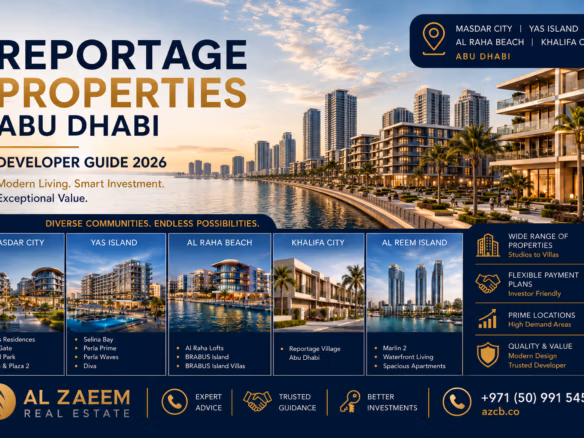 Reportage Properties Abu Dhabi Developer Guide 2026 featuring an illustrative waterfront residential community and key Abu Dhabi investment areas