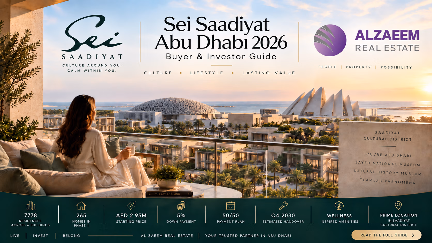 Sei Saadiyat Abu Dhabi 2026 buyer and investor guide showing Saadiyat Cultural District, AED 2.95 million starting price, 5% down payment, 50/50 payment plan and Q4 2030 handover
