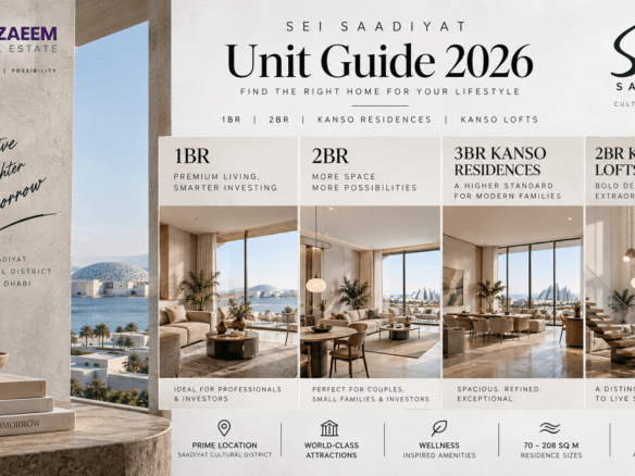 Sei Saadiyat Unit Guide 2026 comparing 1BR, 2BR, 3BR Kanso Residences and 2BR Kanso Lofts by layout, lifestyle, investment appeal and buyer profile
