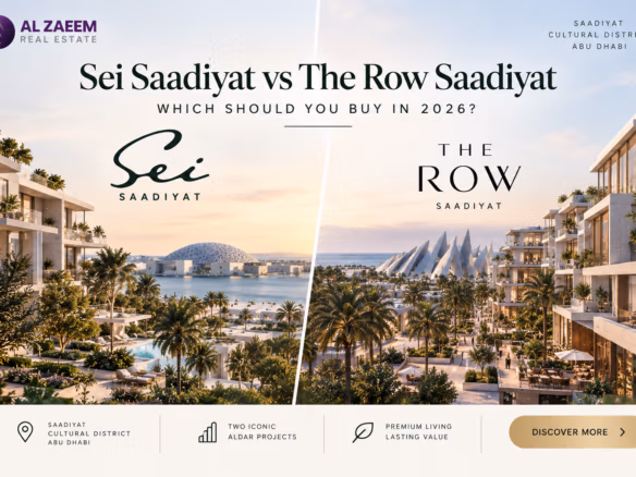 Sei Saadiyat vs The Row Saadiyat 2026 comparing two Aldar projects in Saadiyat Cultural District by lifestyle, architecture, unit types and investment appeal