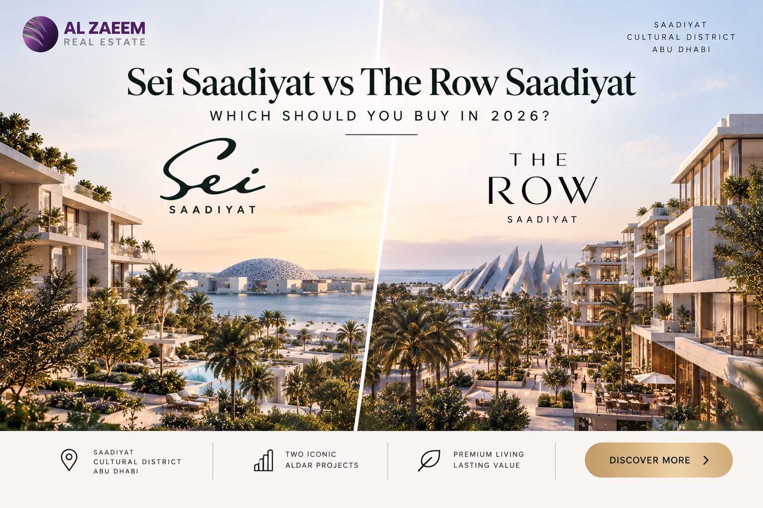 Sei Saadiyat vs The Row Saadiyat 2026 comparing two Aldar projects in Saadiyat Cultural District by lifestyle, architecture, unit types and investment appeal