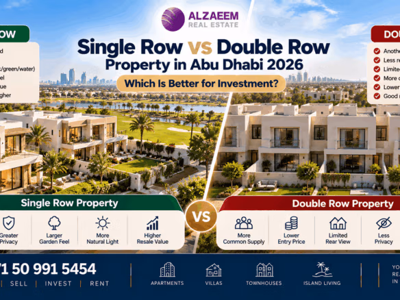 Single row vs double row property in Abu Dhabi 2026 comparison showing villas and townhouses with differences in privacy, rear outlook, pricing and investment value