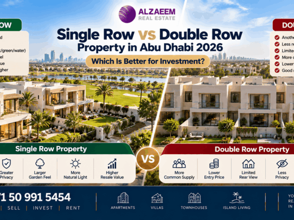 Single row vs double row property in Abu Dhabi 2026 comparison showing villas and townhouses with differences in privacy, rear outlook, pricing and investment value