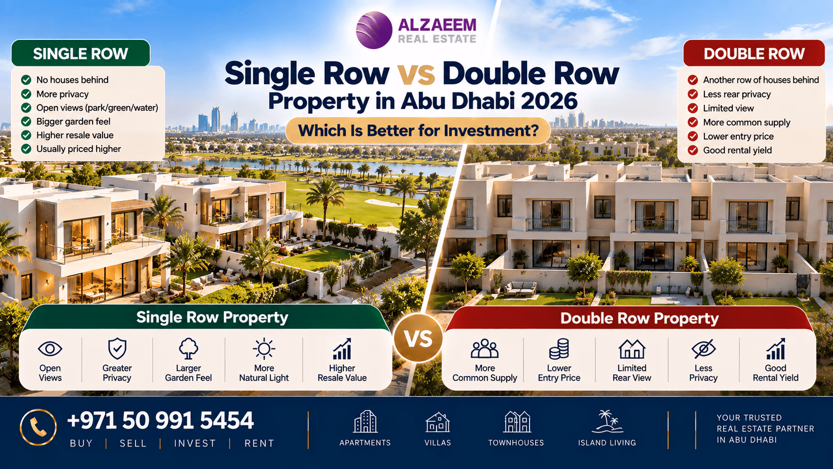 Single row vs double row property in Abu Dhabi 2026 comparison showing villas and townhouses with differences in privacy, rear outlook, pricing and investment value