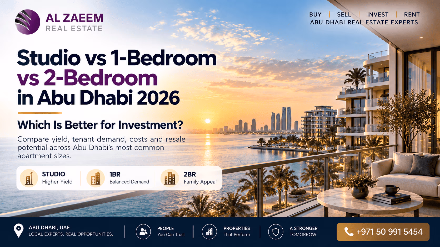 Studio vs 1-bedroom vs 2-bedroom Abu Dhabi 2026 investment comparison for rental yield, tenant demand, costs and resale potential