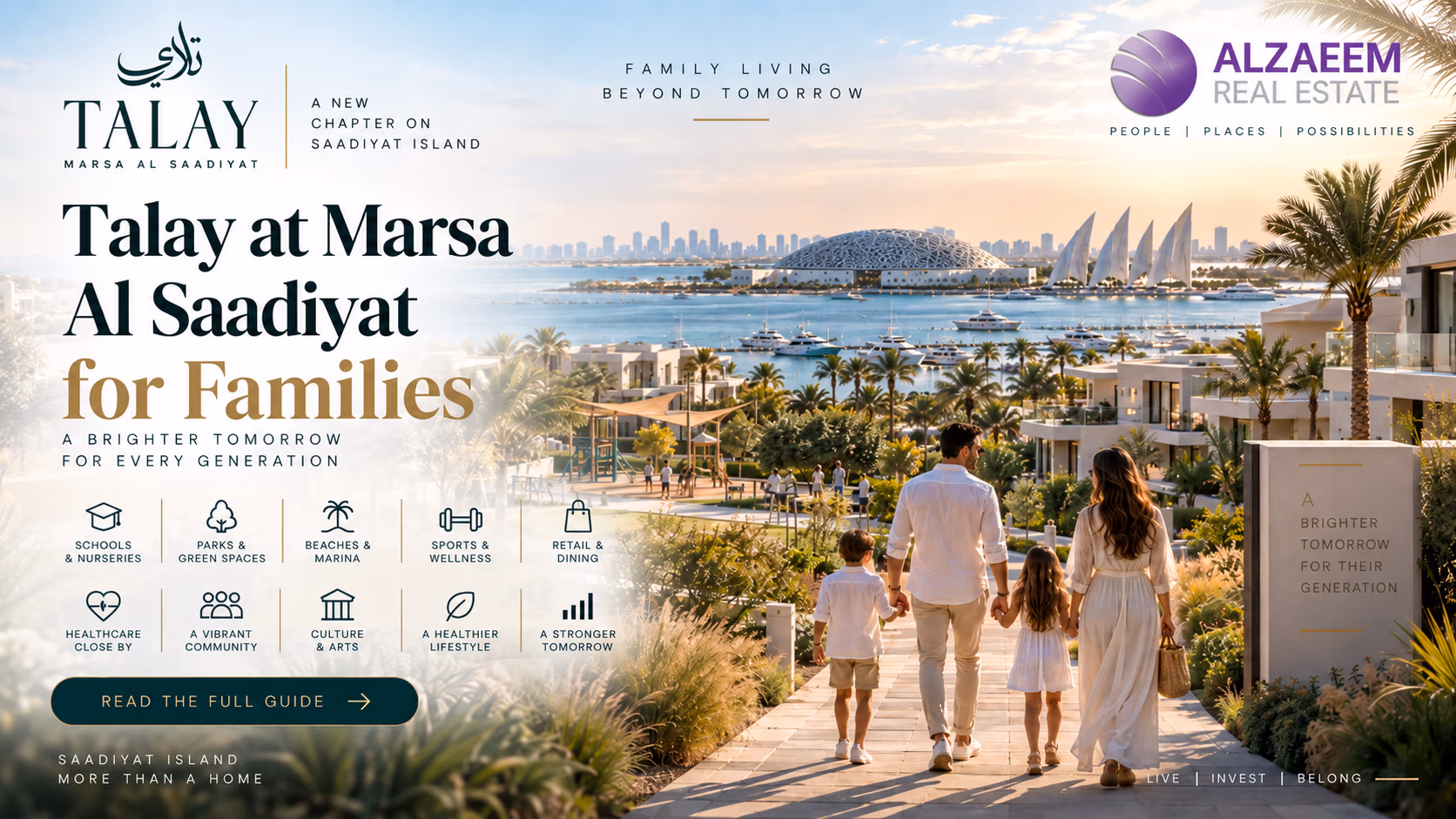 Talay at Marsa Al Saadiyat for families in 2026 featuring luxury villas, parks, schools, marina living and Saadiyat Island waterfront