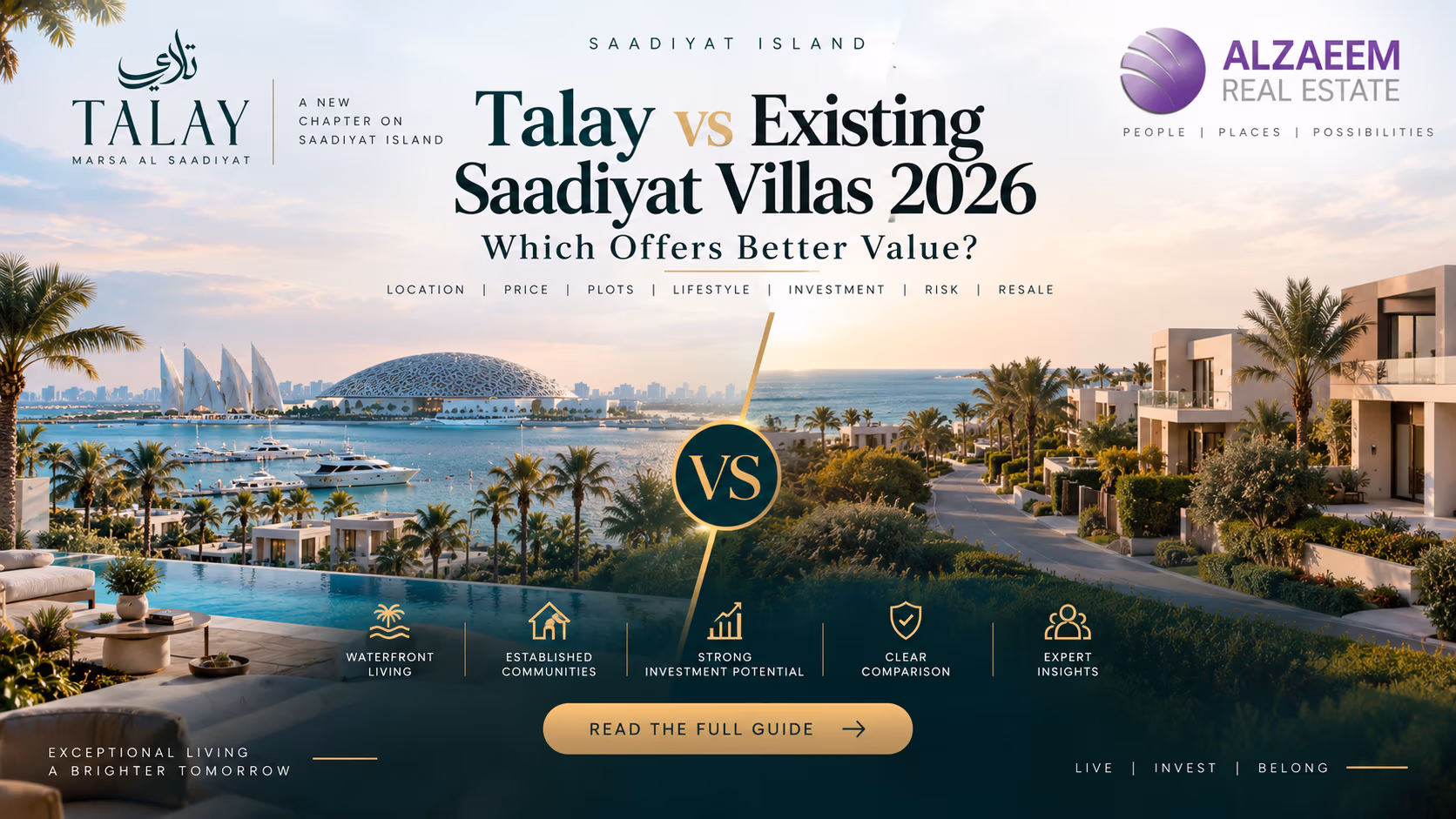 Talay at Marsa Al Saadiyat versus existing Saadiyat villas in 2026 comparing waterfront living, established communities and investment value