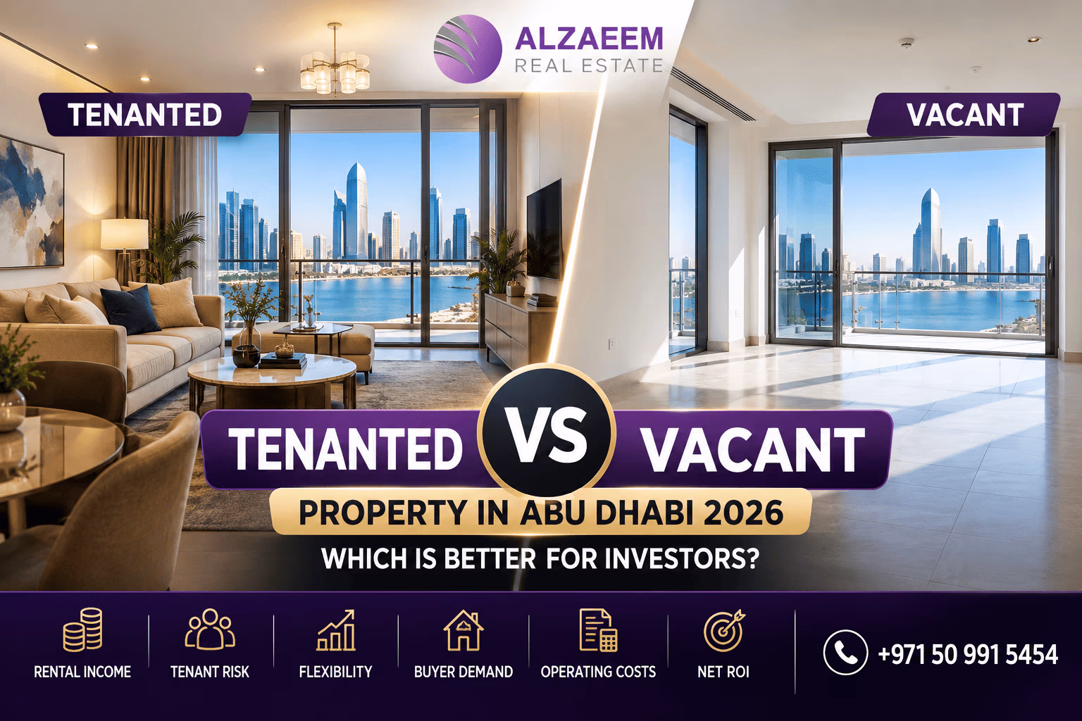 Vacant vs tenanted property in Abu Dhabi 2026 comparison showing rental income, tenant risk, flexibility, buyer demand, operating costs and net ROI