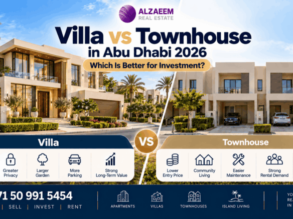 Villa vs townhouse in Abu Dhabi 2026 comparison showing a spacious luxury villa and townhouse community with differences in space, privacy, maintenance, rental demand and investment value