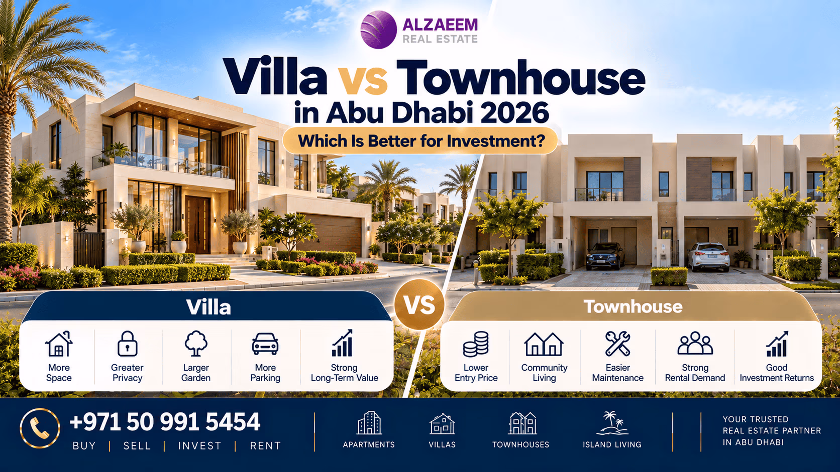 Villa vs townhouse in Abu Dhabi 2026 comparison showing a spacious luxury villa and townhouse community with differences in space, privacy, maintenance, rental demand and investment value