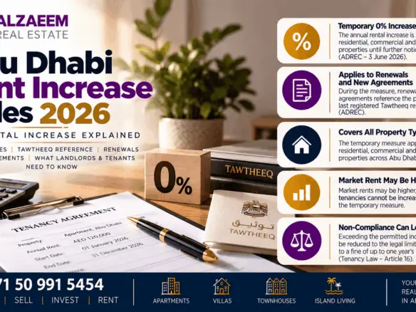 Abu Dhabi rent increase rules 2026 explaining the temporary 0 percent rental increase, Tawtheeq reference rent, renewals and landlord tenant guidance
