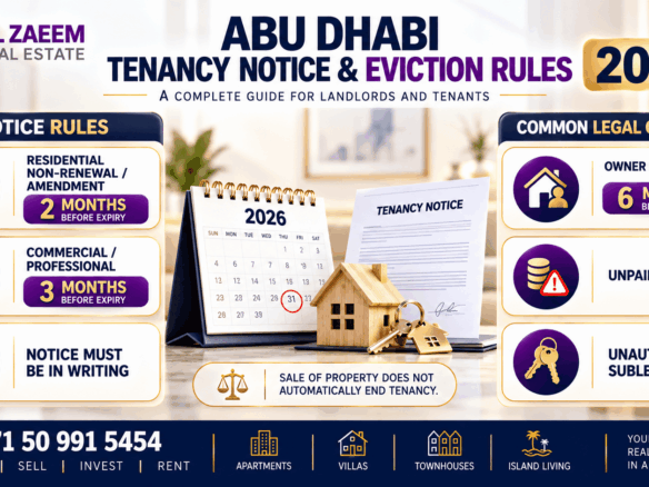 Abu Dhabi tenancy notice and eviction rules 2026 covering 2-month residential notice, 6-month owner occupancy notice, unpaid rent, subletting and legal process