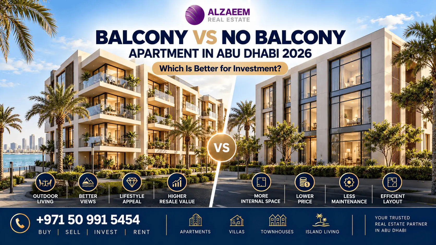 Balcony vs no balcony apartment in Abu Dhabi 2026 comparison showing exterior apartment buildings, outdoor living space, internal space efficiency and investment value