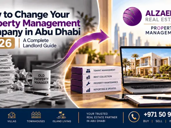 Change property management company in Abu Dhabi 2026 showing transition from poor management to Al Zaeem Property Management with tenant management, rent collection, maintenance and reporting