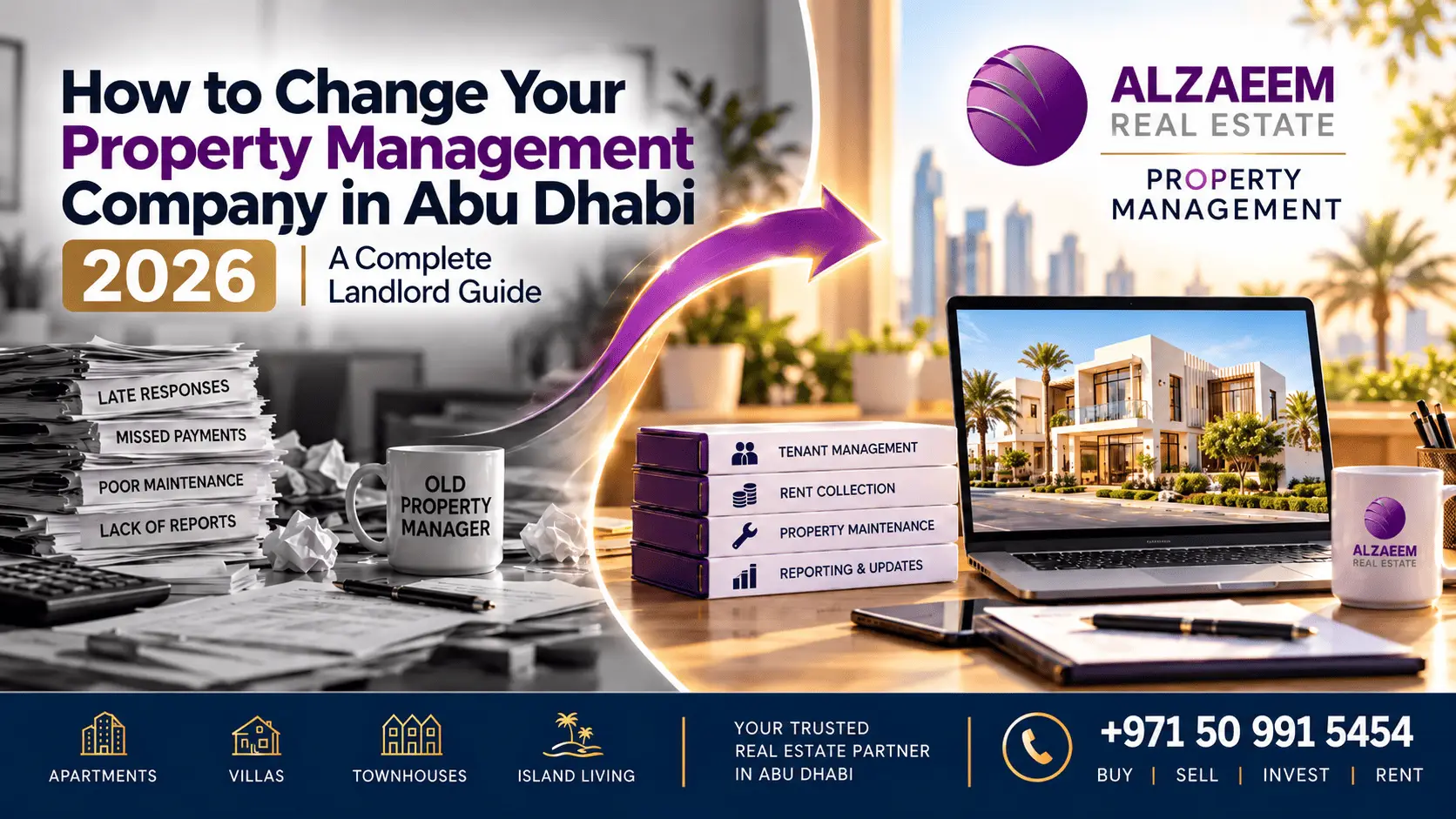 Change property management company in Abu Dhabi 2026 showing transition from poor management to Al Zaeem Property Management with tenant management, rent collection, maintenance and reporting