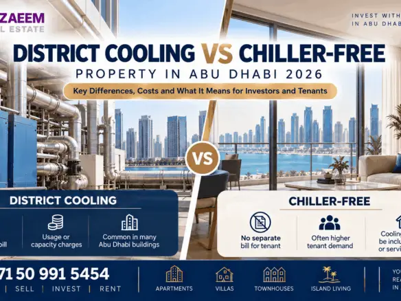 District cooling vs chiller-free property in Abu Dhabi 2026 comparison showing cooling costs, tenant demand, landlord expenses and investment impact