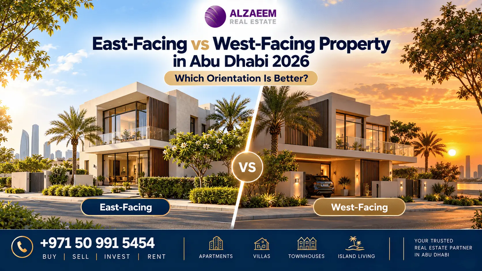 East-facing vs west-facing property in Abu Dhabi 2026 comparison showing morning light, sunset exposure, villas and investment considerations