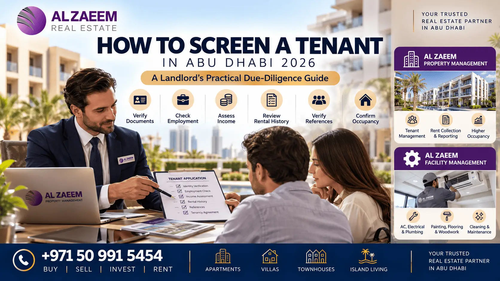 How to screen a tenant in Abu Dhabi 2026 featuring tenant verification, income checks, rental history, occupancy checks and Al Zaeem Property Management support
