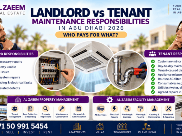 Landlord vs tenant maintenance responsibilities in Abu Dhabi 2026 showing AC, electrical, plumbing, tenant repairs and property management support