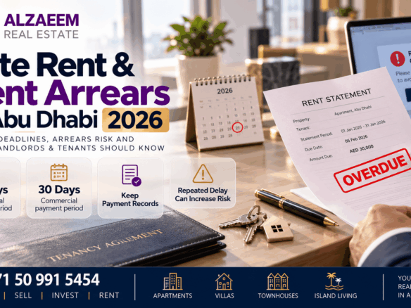 Late rent and rent arrears in Abu Dhabi 2026 showing 21-day residential deadline, 30-day commercial deadline, overdue rent notice, payment records and eviction risk