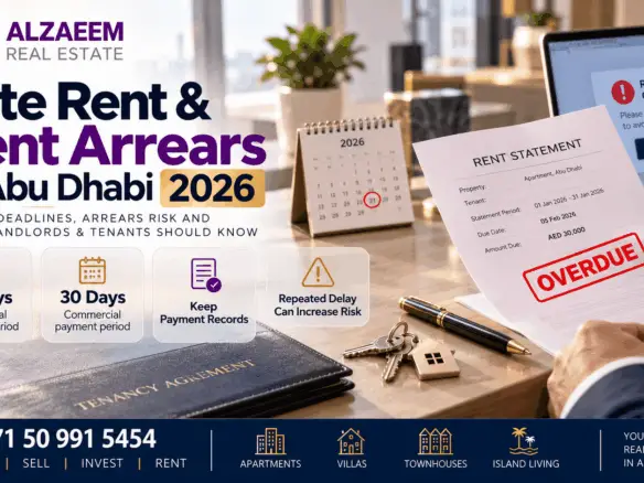 Late rent and rent arrears in Abu Dhabi 2026 showing 21-day residential deadline, 30-day commercial deadline, overdue rent notice, payment records and eviction risk