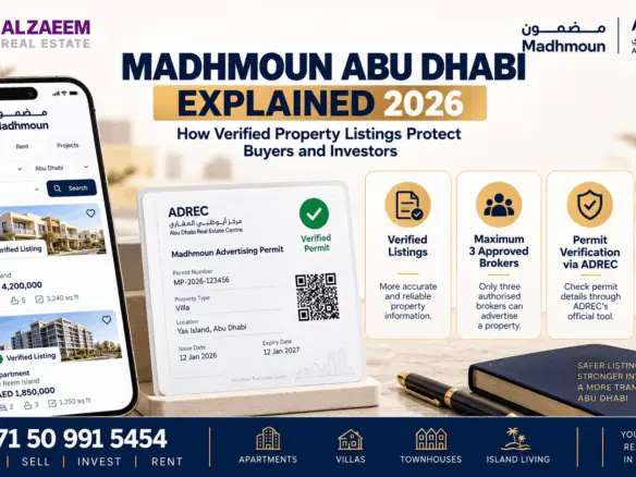 Madhmoun Abu Dhabi 2026 guide showing verified property listings, ADREC permit verification, broker regulation and buyer due diligence