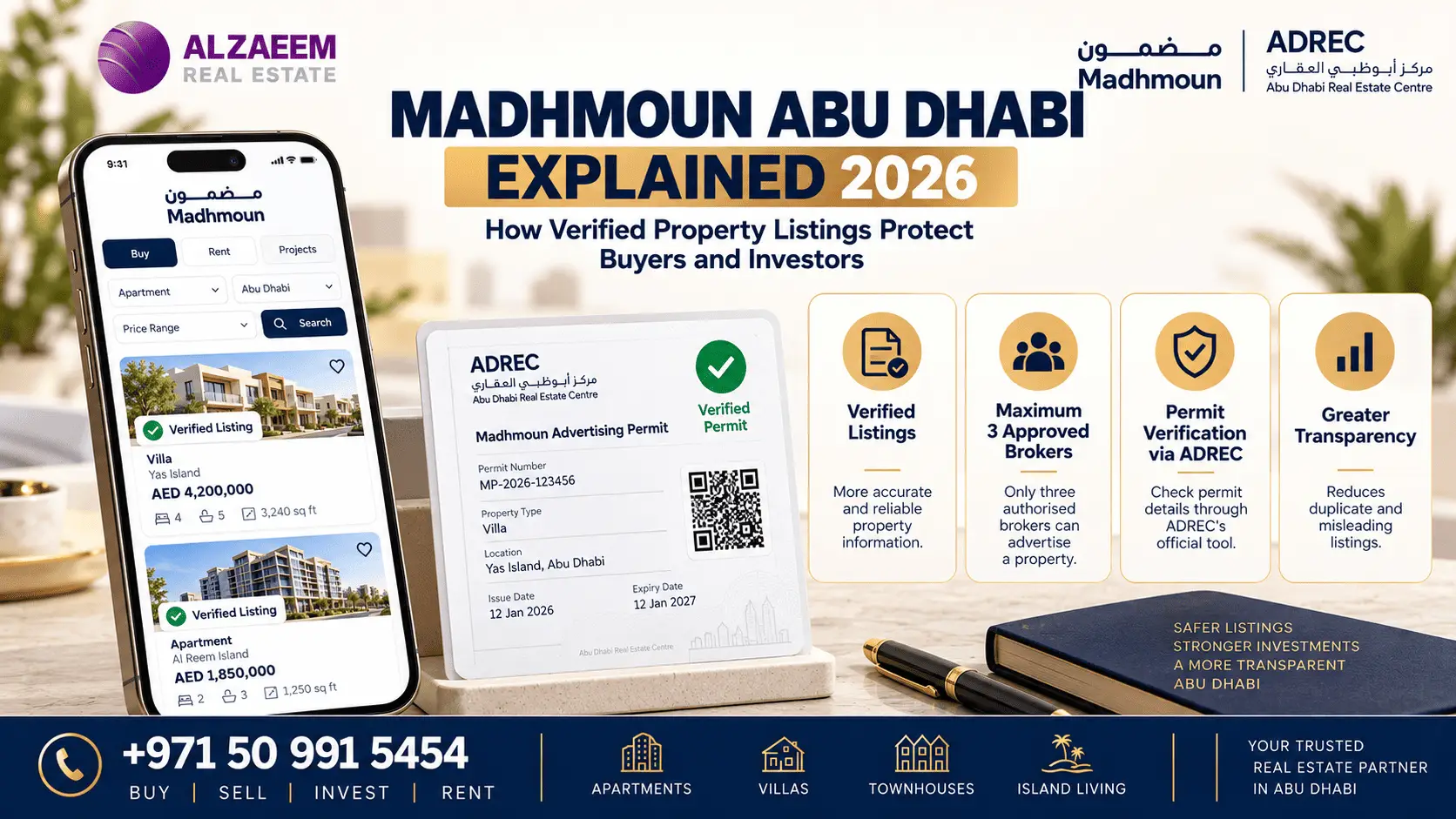 Madhmoun Abu Dhabi 2026 guide showing verified property listings, ADREC permit verification, broker regulation and buyer due diligence